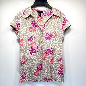Alfani Top Abstract Rose Gray Coral Fuchsia Retro Collar V neck with Buttons